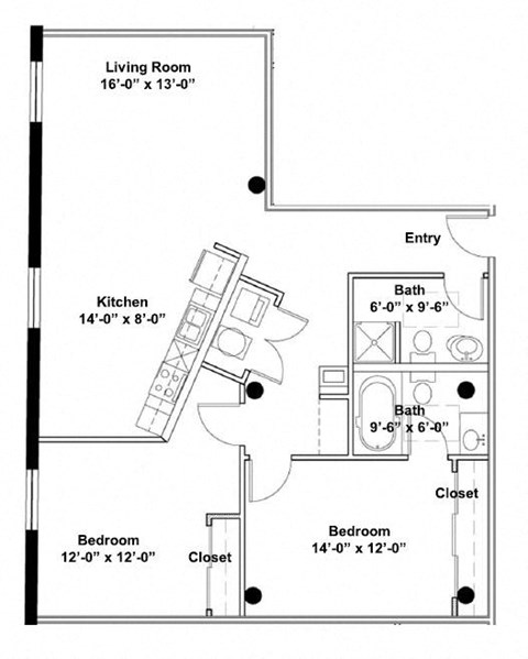 Floor plan for 2 beds, 2 baths, 1362 sqft